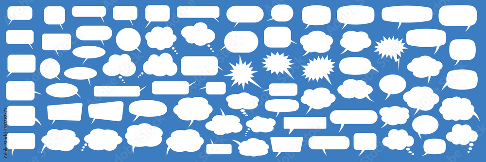 Set of speech bubbles. Speak bubble text, cartoon chatting box, message box. Blank empty vector white speech bubbles. Cartoon balloon word design. Set of speech bubbles. Speak bubble text, cartoon chatting box, message box. Blank empty vector white speech bubbles. Cartoon balloon word design.
