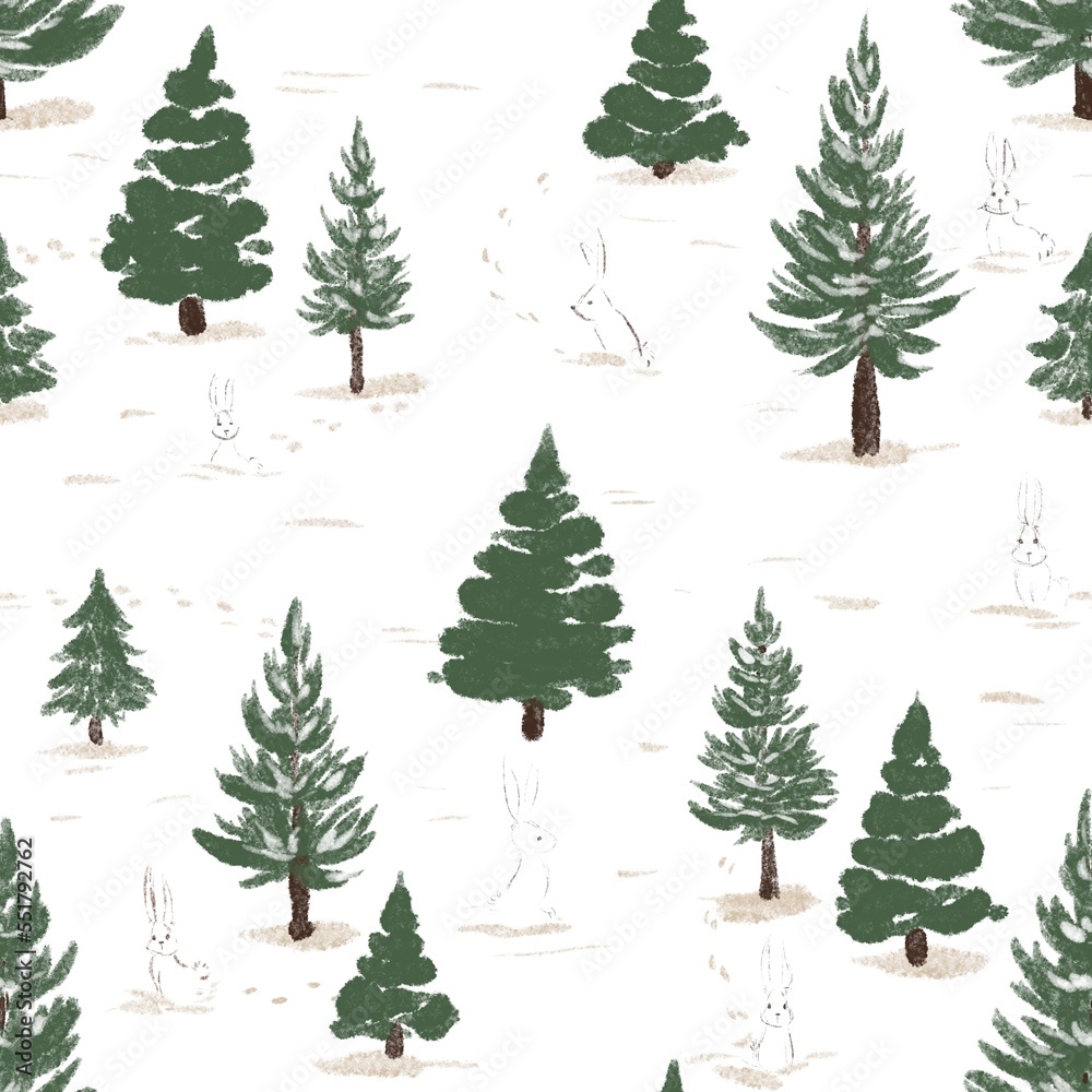 christmas trees background and white hares on a white background