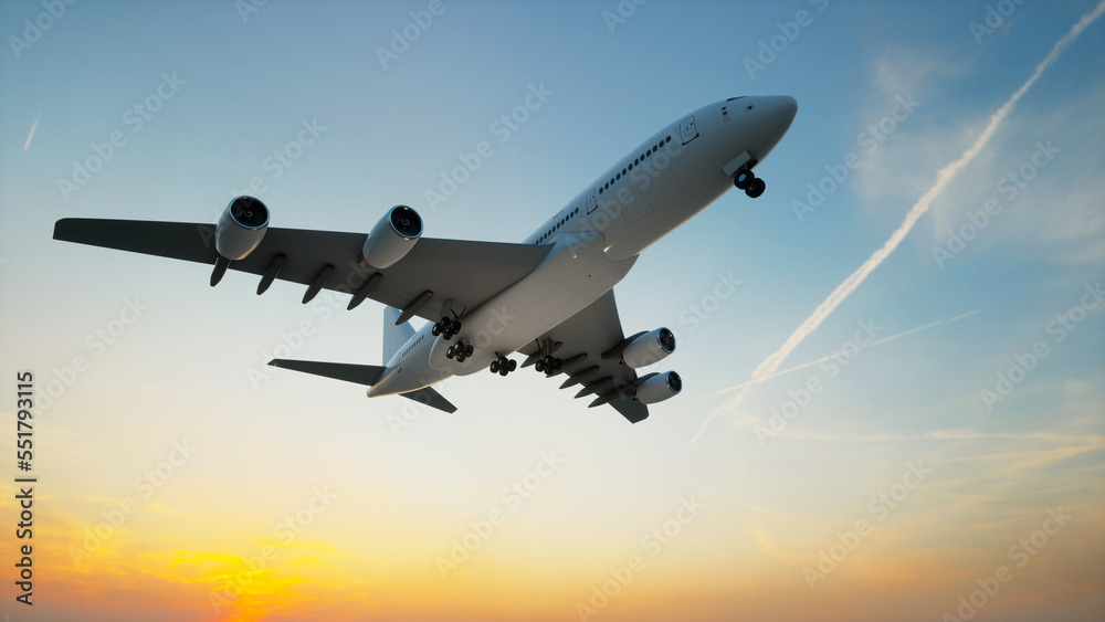 Obraz premium Conceptual flying white passenger jetliner or commercial plane after take off rising over a beautiful sky background. 3D illustration for jet transportation, travel industry or modern freedom concept