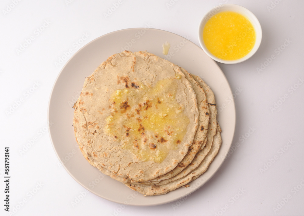 jowar bhakri with ghee butter, jowar is a grain popular in Maharashtra, Gujarat and Rajasthan