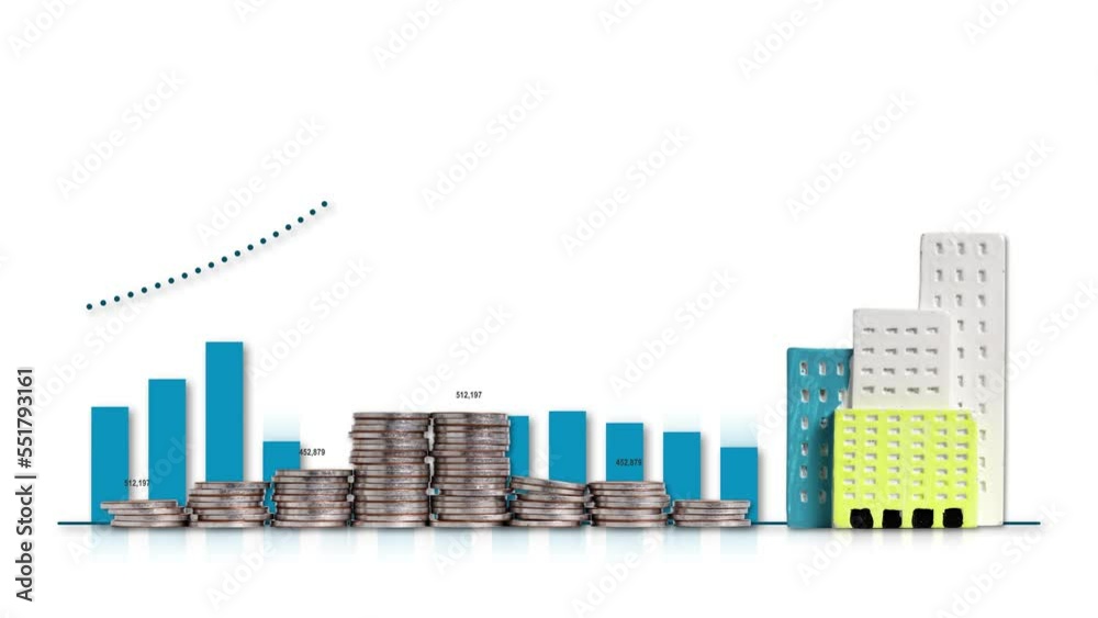 The concept of price changes in the housing market. Graph and piles of coins with business concept.
