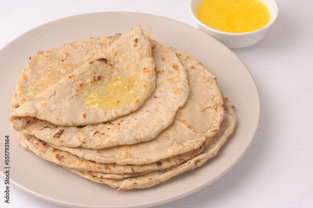 jowar bhakri with ghee butter, jowar is a grain popular in Maharashtra, Gujarat and Rajasthan