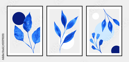 Set of wall art posters with blue watercolor leaves on white background.