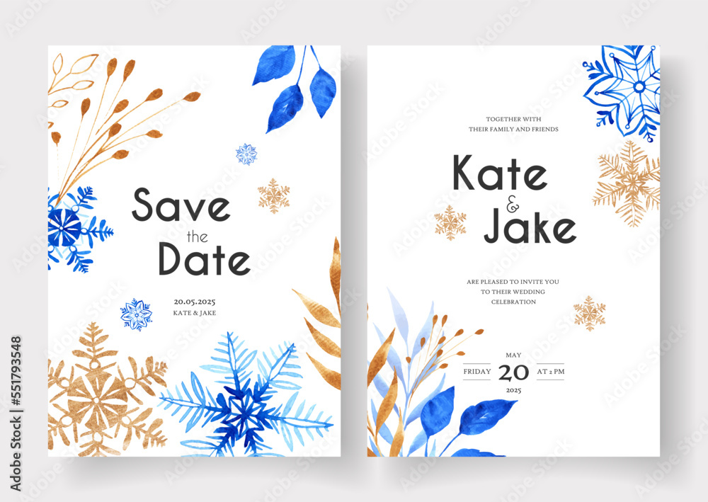 Set of winter wedding cards with blue and gold snowflakes and florals on white background.