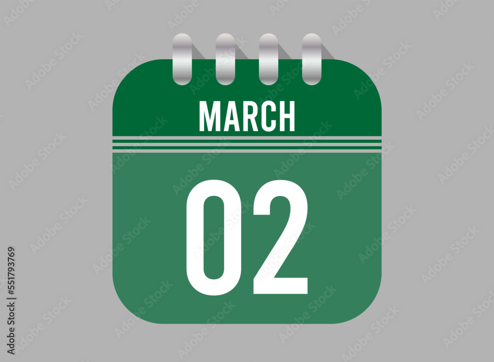 2 March calendar icon. Page vector for calendar on March days. Green design with clear background for holidays and events 2 March calendar icon. Page vector for calendar on March days. Green design with clear background for holidays and events