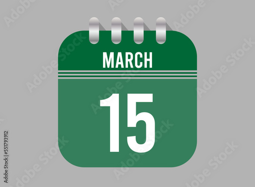 15 March calendar icon. Page vector for calendar on March days. Green design with clear background for holidays and events