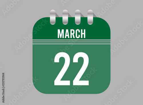 22 March calendar icon. Page vector for calendar on March days. Green design with clear background for holidays and events