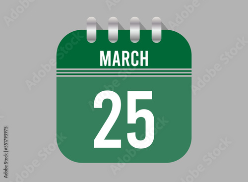 25 March calendar icon. Page vector for calendar on March days. Green design with clear background for holidays and events