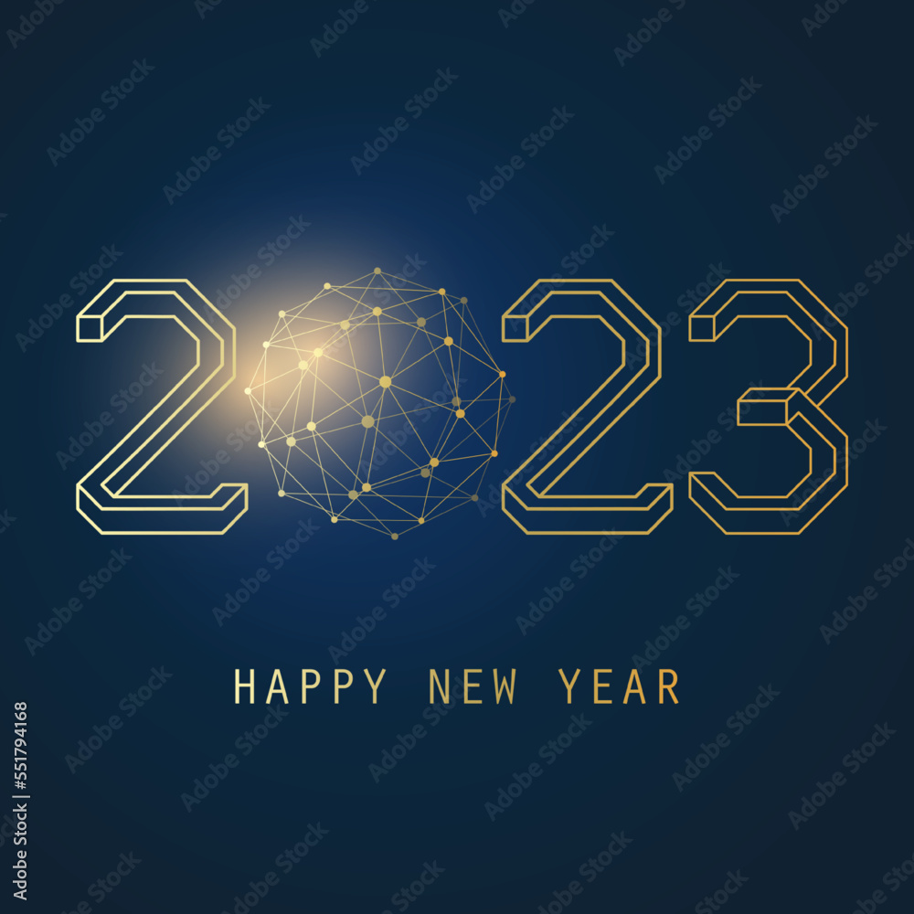 3D Lineart Golden and Dark Blue Modern Style Happy New Year Greeting Card, Creative Vector Design Template with Polygonal Globe - Multipurpose Vector Banner, Typography Template for Web, Year 2023 3D Lineart Golden and Dark Blue Modern Style Happy New Year Greeting Card, Creative Vector Design Template with Polygonal Globe - Multipurpose Vector Banner, Typography Template for Web, Year 2023