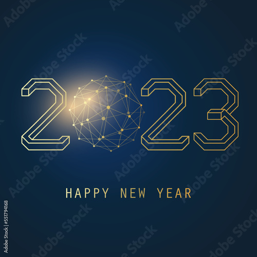 3D Lineart Golden and Dark Blue Modern Style Happy New Year Greeting Card, Creative Vector Design Template with Polygonal Globe - Multipurpose Vector Banner, Typography Template for Web, Year 2023
