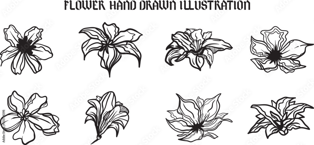 Flower illustration vector set with hand-drawn style design for your illustration project, wallpaper, prints, decoration, element design, merchandise, and many more.