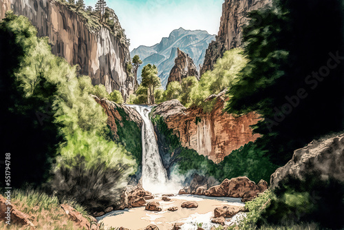 The ripera valley in the Pyrenees, with the salto de tendenera waterfall in the front and the green's far corner in the background. Generative AI photo