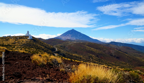 View of Teide National Park with astronomical observatory and Teide volcano in the distance.Tenerife, Canary Islands,Spain.Selective focus.