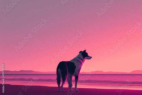 Silhouette of a dog at the beach. Generative AI