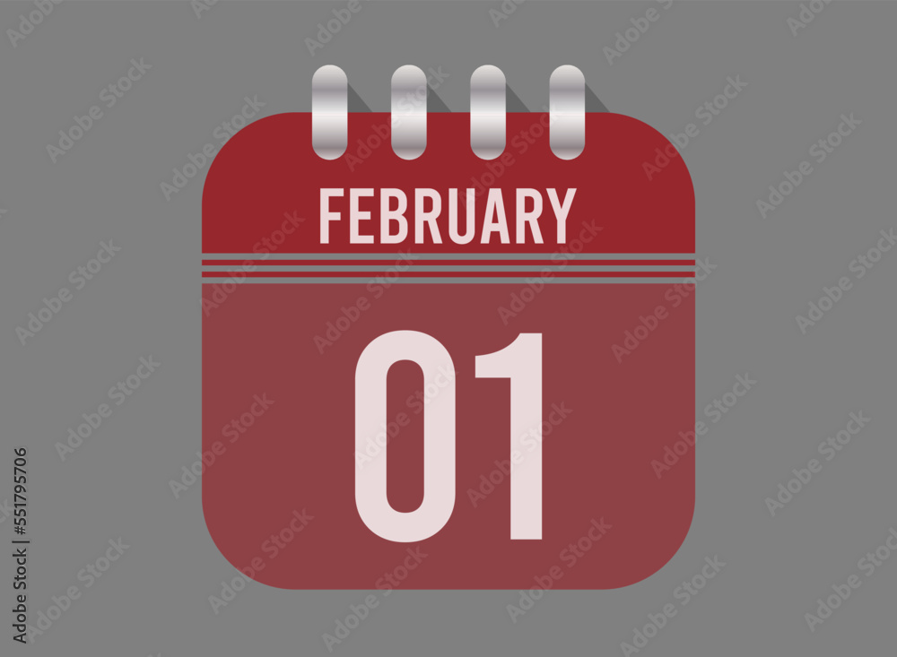 1 February calendar icon. Page vector for calendar on February days. Red design with dark background 1 February calendar icon. Page vector for calendar on February days. Red design with dark background