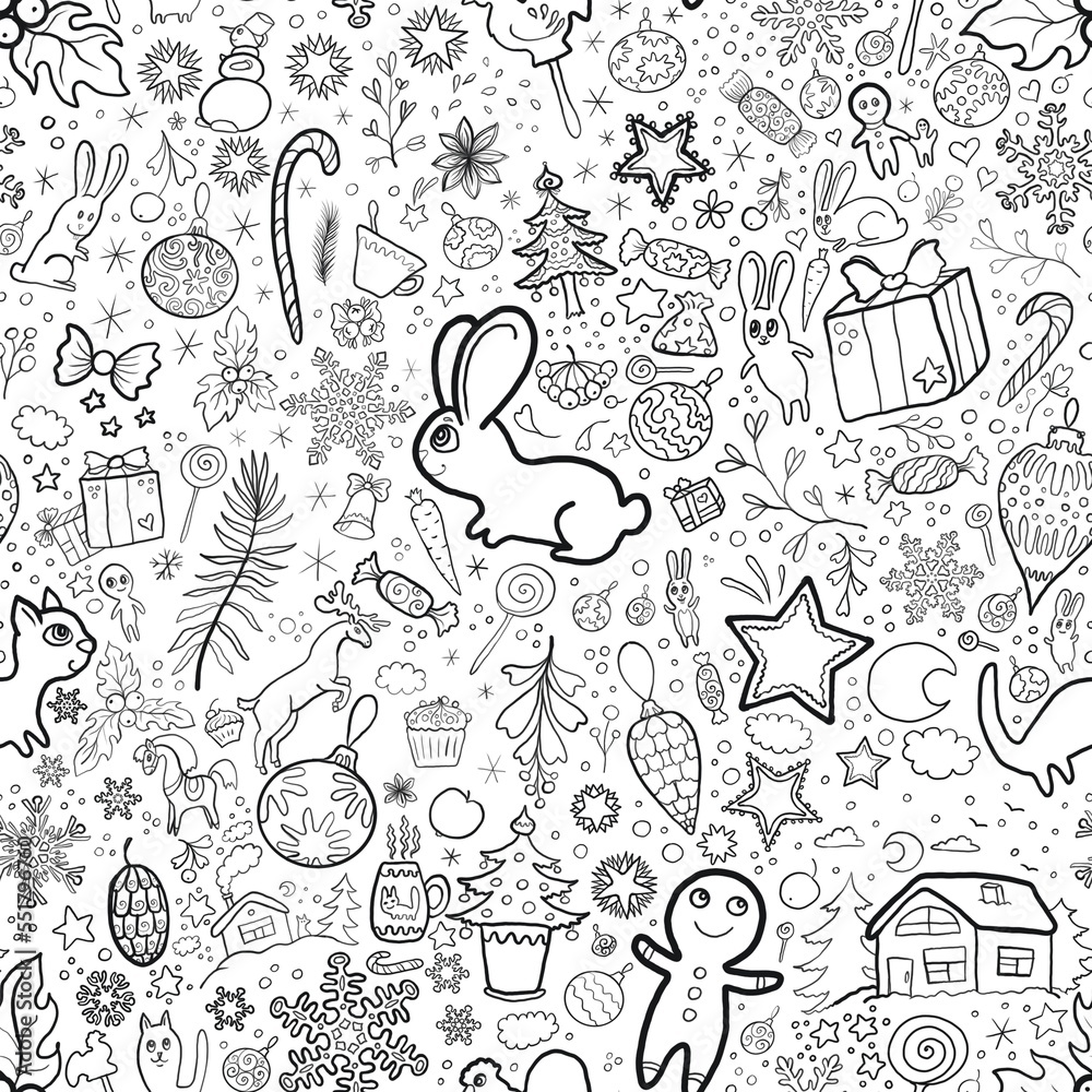 seamless pattern with rabbits bunny gift box christmas tree candy new year symbols black and white coloring image wrapping paper