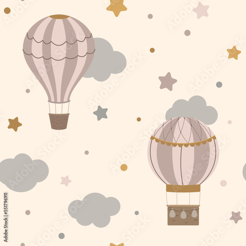 Cartoon hot air balloon nursery seamless background with clouds and stars on beige background. Design for children's fabric, textiles, or wallpaper.