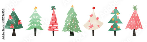 Set of watercolor christmas tree vector illustration. Collection of hand drawn cute decorative christmas trees isolated on white background. Design for sticker, decoration, card, poster, artwork. 