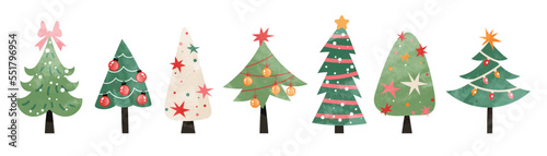 Set of watercolor christmas tree vector illustration. Collection of hand drawn cute decorative christmas trees isolated on white background. Design for sticker, decoration, card, poster, artwork. 
