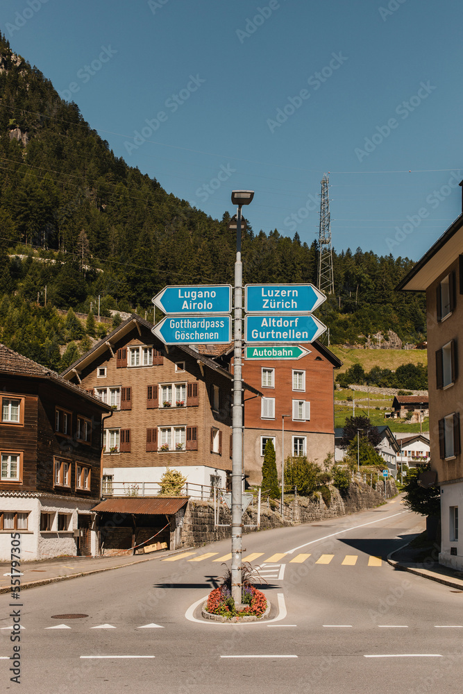 Gotthardpass road At Wassen village, and road sign.