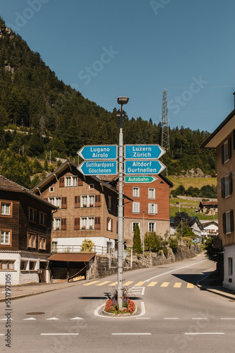 Gotthardpass road At Wassen village, and road sign. © daviles