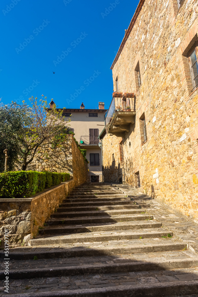San Quirico d'Orcia, Italy, 16 April 2022:  View of the medieval town