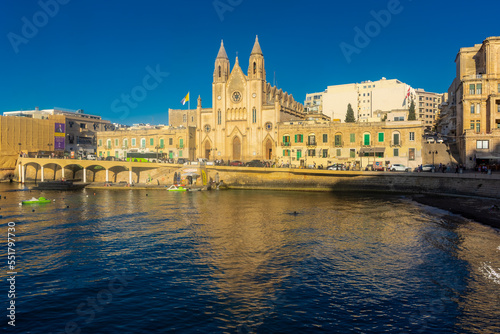 Sliema, Malta, 22 May 2022: The Cathedral right on the harbor of Sliema