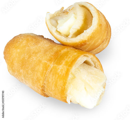 Tequeños or tequenos cut in halves, Venezuela appetizer from dough with melted cheese inside.