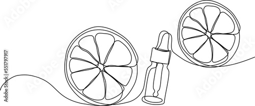 Continuous drawing of one line of bottles with oil or honey or lemon or lime juice for scrubbing and body skin care with natural herbal skin care products, top view of ingredients. Vector illustration
