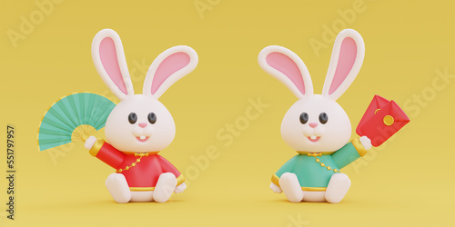 3D cute rabbit holding fan and red envelope isolated on yellow background  element for Chinese new year  Chinese Festivals  Lunar  CYN 2023  Year of the Rabbit  3d rendering.