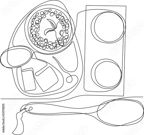 Continuous drawing of one line of bottles with oil or honey or lemon or lime juice for scrubbing and body skin care with natural herbal skin care products, top view of ingredients. Vector illustration