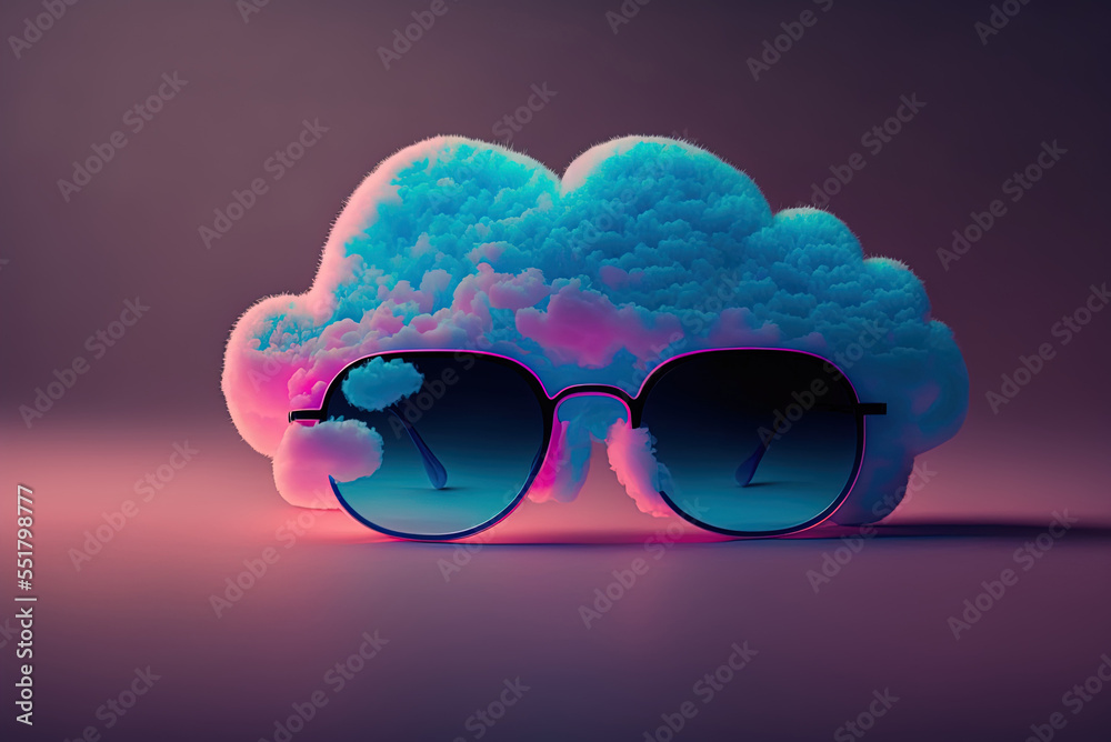 Sunglasses with a pink and blue cloudy sky lit up by neon light