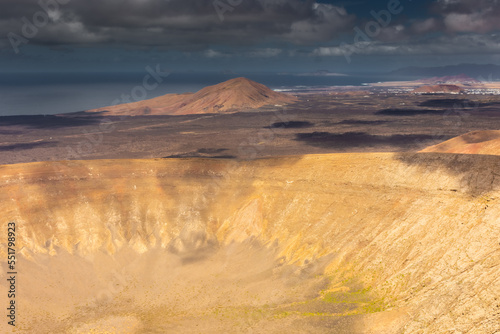 Dramatic landscape of the crater of Caldera Blanca volcano, Lanzarote, Canary Islands, Spain