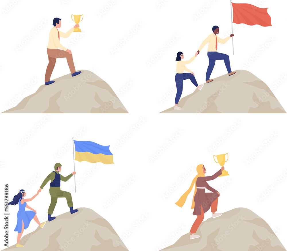 Fototapeta premium Goals setting and achievement semi flat color raster character set. Posing figures. Full body people on white. Simple cartoon style illustration collection for web graphic design and animation