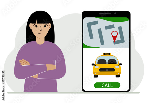 A woman next to a large smartphone on the screen which has a taxi and geolocation. The concept of a mobile taxi application or ordering a taxi online.