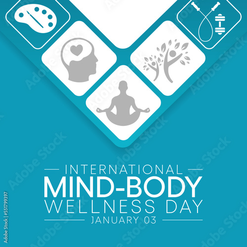 International Mind - Body wellness day is observed every year on January 3rd, to remind people of the importance of wellness. Vector illustration