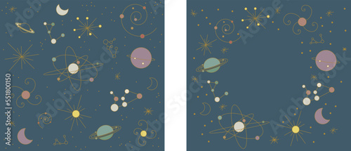 Fototapeta Naklejka Na Ścianę i Meble -  Universe background with planets, moon, stars, galaxy, constellation in gold line art. and 2022 color trend. Vector illustration frame.