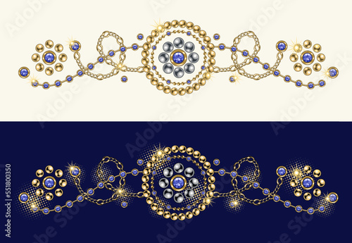 Baroque border motif with swirls. Ornament made made of gold, silver jewelry chains, blue gems, rhinestones, ball beads in vintage style. Vector illustration on white, blue background.