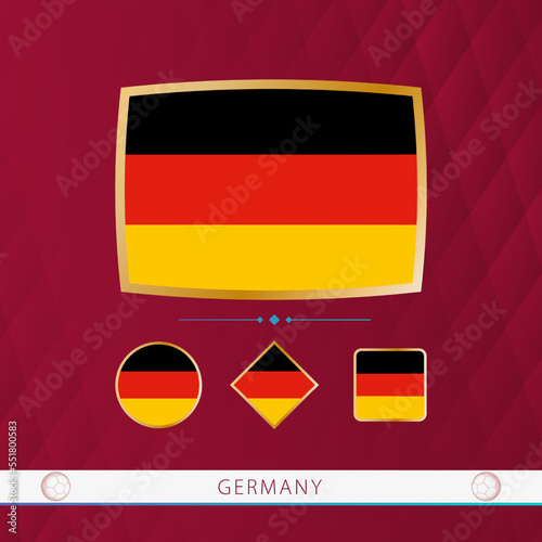 Set of Germany flags with gold frame for use at sporting events on a burgundy abstract background. photo