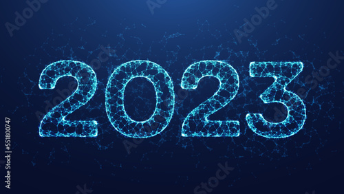 Happy New Year 2023. 3D Geometric low polygonal 2023 numbers. New year banner, poster, greeting card. Modern abstract wireframe design. Vector illustration.