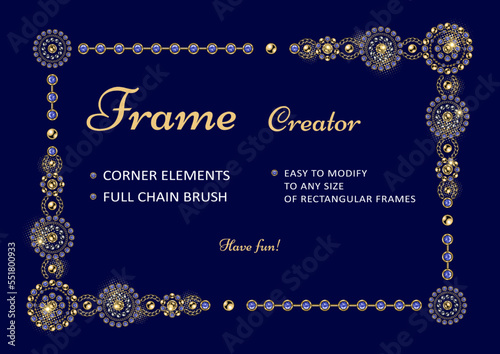Frame creator with corner elements, round jewelry ornaments, pattern chain brush. Easy to modify to various size of frame. Silver, gold elements with gems. Blue background. Vintage style.