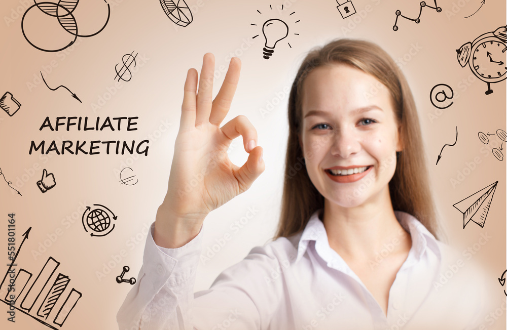 Business, technology, internet and network concept. Young businessman thinks over the steps for successful growth: Affiliate marketing Business, technology, internet and network concept. Young businessman thinks over the steps for successful growth: Affiliate marketing