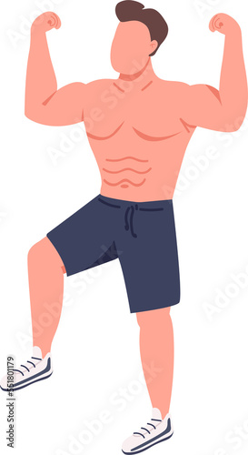 Male bodybuilder showing triceps and biceps semi flat color raster character. Posing figure. Full body person on white. Simple cartoon style illustration for web graphic design and animation © The img