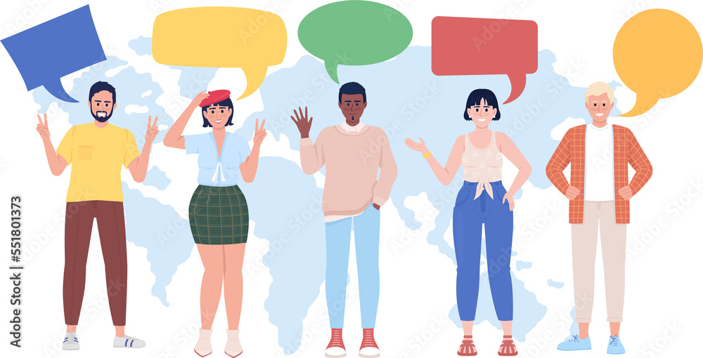 Multilingual community 2D raster isolated illustration. Speakers characters on background. Multilingualism colourful scene for mobile, website, presentation