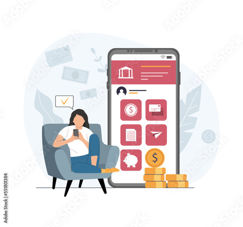 Online banking concept. Woman using bank services on smartphone. Vector illustration.