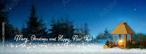 Christmas lantern on white snow.Merry Christmas and Happy new Year text.