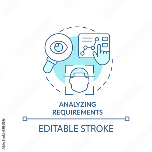 Analyzing requirements turquoise concept icon. Administering user access abstract idea thin line illustration. Isolated outline drawing. Editable stroke. Arial, Myriad Pro-Bold fonts used