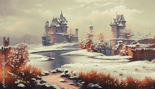 Artistic illustration of a fantasy castle on the beautiful landscape.