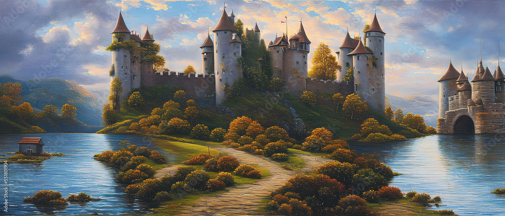 Naklejka premium Artistic illustration of a fantasy castle on the beautiful landscape.