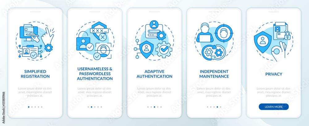 Involving CIAM advantages blue onboarding mobile app screen. Walkthrough 5 steps editable graphic instructions with linear concepts. UI, UX, GUI template. Myriad Pro-Bold, Regular fonts used
